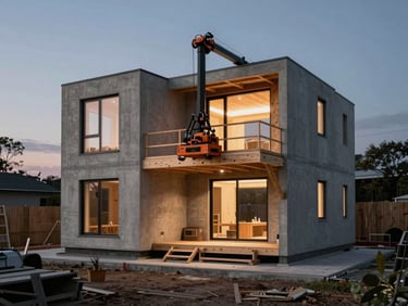 Time-lapse architectural render showing a modular home being assembled on-site, precision crane placement, clean construction environment, dramatic twilight lighting.