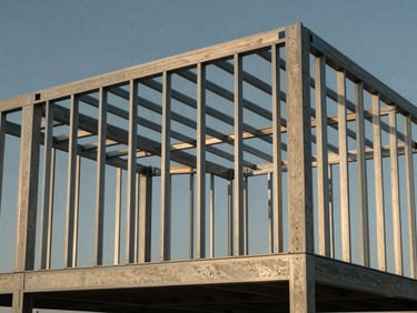 Close-up architectural render of a modular home's steel frame structure, sharp focus, geometric patterns, crisp midday sun casting strong shadows.