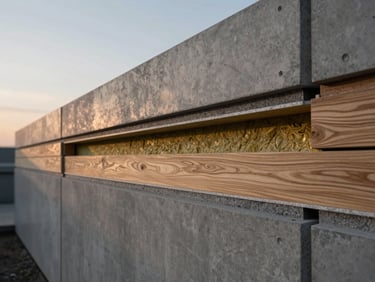 Cross-section architectural render of a modular wall showing insulation layers and exterior cladding, technical detail, precise lines, studio lighting.