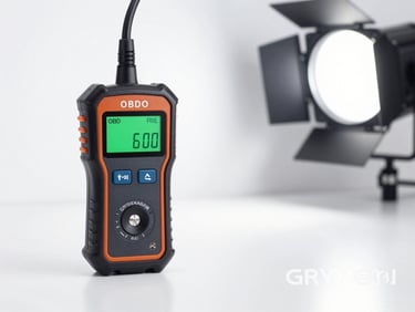 Professional OBD2 car scanner tool on a clean workshop surface, bright studio light, sharp details