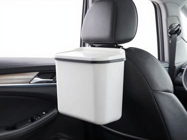 Compact car trash can hanging on seat back, clean modern car interior, crisp retail daylight