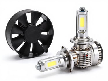 Modern LED headlight bulb conversion kit, bright white light, high-tech cooling fan visible, studio product shot
