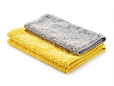 Set of premium microfiber cleaning cloths for car detailing, plush yellow and grey towels, studio light