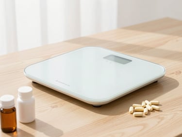 Smart scale and vitamins on a clean wooden table, bright natural daylight, fresh wellness aesthetic