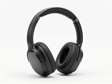 Sleek matte black wireless over-ear headphones, minimalist white background, crisp studio lighting