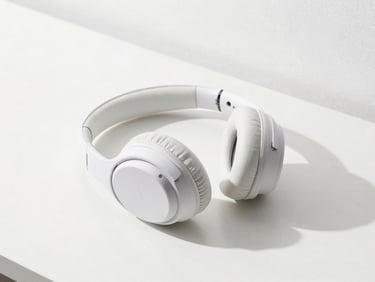 Modern wireless headphones resting on a minimalist desk, bright high-key lighting, soft shadows