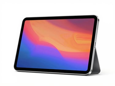 Modern slim silver tablet displaying a colorful abstract wallpaper, clean studio light, white background
