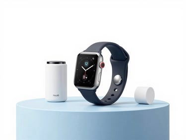 Bright high-key studio shot of premium home gadgets and a smart watch on a clean light blue pedestal, modern retail aesthetic, sharp focus