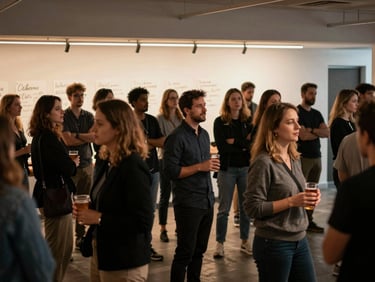 Wide candid shot of a larger indoor gathering, people standing in loose clusters mid-conversation, warm ambient light, someone holding a drink, handwritten signage visible on a wall in the background