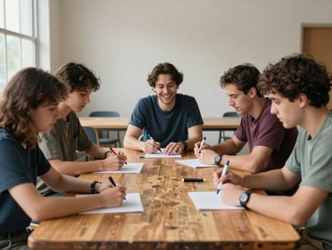 Wide shot of six people seated around a community center table mid-activity, hands holding markers and paper, natural window light from the left, someone mid-laugh, worn wood surface visible