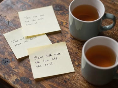 Close-up overhead shot of worn wooden table surface, a few handwritten notes scattered, two ceramic mugs of tea touching at the rims, natural window light casting soft shadows across the grain