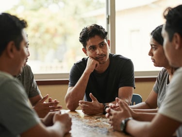 Tight framing of four people in close conversation at a worn table, hands gesturing, one person mid-thought looking down, golden afternoon window light, community center setting