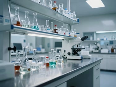 Wide environmental shot of a sterile, clinical laboratory with high-precision glassware and stainless steel surfaces, cool controlled lighting, sharp architectural perspective, no people.