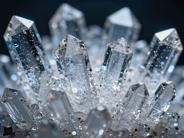 Extreme close-up of high-purity crystalline structures under cool clinical light, sharp geometric facets, deep navy and stark white tones.