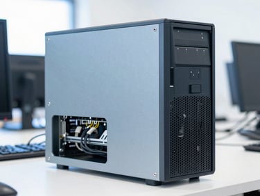 Clean refurbished desktop tower on a workshop counter, side panel removed showing neatly routed cables, bright cool-toned natural daylight, 35mm