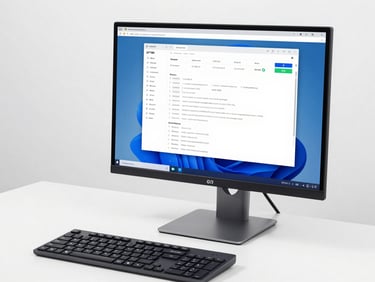 A sleek 27-inch monitor displaying a clean diagnostic interface, next to a keyboard on a white technical desk, bright studio lighting, 35mm