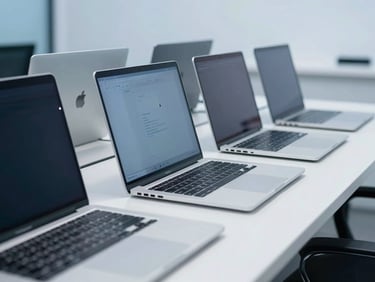 A clean, organized workstation showing refurbished laptops aligned neatly on a white counter, cool blue tones.