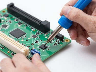 Macro shot of a technician's hands using a fine soldering iron on a green computer motherboard, bright clean lighting.