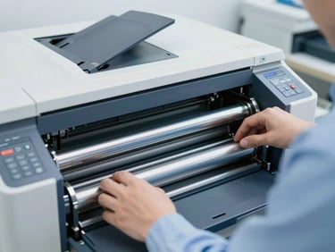 Technician adjusting the internal rollers of a wide-format office printer in a bright, clean workshop.