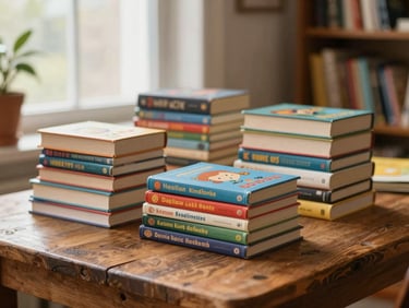 Stacks of colorful children's books on a rustic wooden table, soft indoor lighting, cozy library atmosphere.