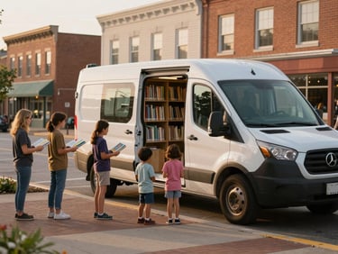 A mobile library van parked in an Indiana town square, volunteers handing books to children, warm golden-hour light.