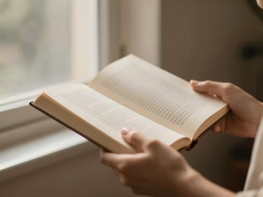 Close-up of hands holding an open book, soft natural window light, warm earthy tones, shallow depth of field.