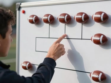 Close-up of a coach's hand pointing at a tactical board with magnetic football pieces, high contrast natural daylight, sharp focus on the strategy lines.