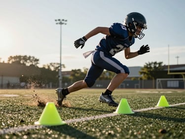 Low-angle action shot of a young football player mid-stride sprinting through neon training cones, mud kicking up from turf, sharp focus, dramatic afternoon sunlight.