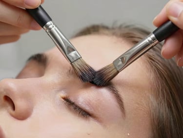 Close-up of a brush loading pigment onto an eyelid, soft studio light, neutral background, documentary framing showing precise application angle