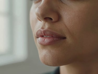 Three-quarter face view of a finished lip application on medium olive skin tone, soft window light, clean neutral background, framing tight on the mouth and lower face