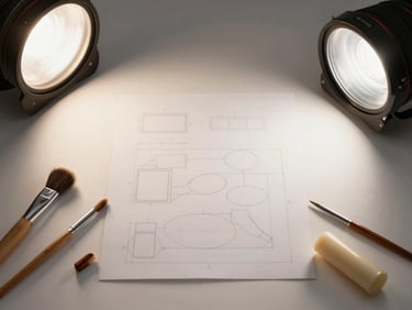 Flat lay of contour and highlight tools arranged on a warm-white surface, soft diffused studio light, brushes and cream sticks positioned with intentional spacing, documentary still-life framing
