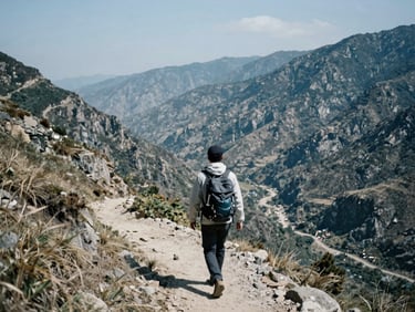 Traveler hiking on a scenic mountain trail overlooking a vast valley, natural daylight, soft blue and cool gray tones, cinematic, 35mm lens.
