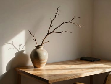 A quiet, warm home office corner with a sturdy oak branch in a ceramic vase, sunlight casting long shadows on a neat desk.