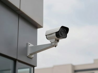 Wide environmental shot of IP cameras mounted on a commercial building exterior façade, overcast Dubai daylight, steel mounting brackets visible, no people in frame