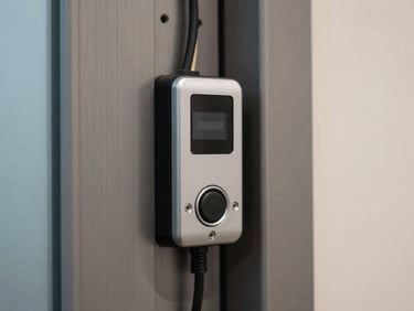 Close-up detail of an access control card reader mounted on a brushed steel door frame, wiring visible at back plate, north-facing interior light, no people