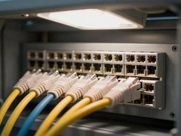 Overhead close-up of structured cabling terminations in a patch panel, category cable pairs precisely punched down and labeled, practical task lighting from above, shallow depth showing pin contacts in sharp focus
