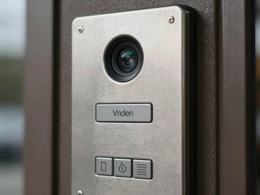Detail shot of a video intercom panel mounted at a building entrance, stainless steel faceplate with camera lens and call button, overcast daylight illuminating surface texture and button detail