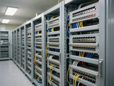 Wide shot of an equipment rack inside a building services room, patch panels, switches, and cable management arms in ordered rows, fluorescent task lighting from above, steel rack frame in sharp focus