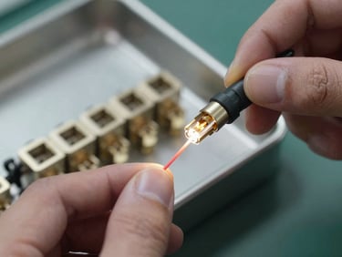 Close-up of hands terminating a fiber optic connector at a splice tray, task lighting illuminating the glass fiber strand and protective sleeve, metal splice tray visible in background