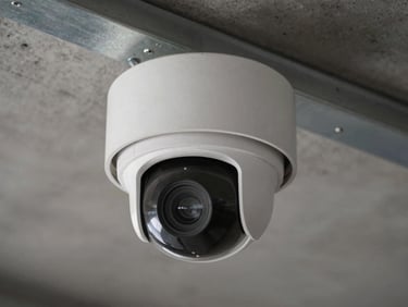Close-up of an IP dome camera mounted on a steel ceiling bracket, practical overhead task lighting, concrete ceiling texture visible behind, shallow depth of field on the camera housing and mounting hardware