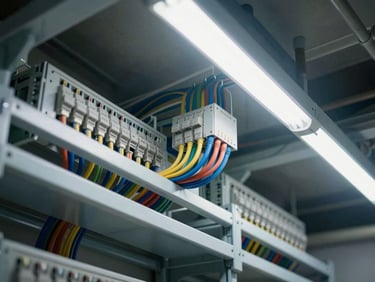 Overhead view of structured cabling inside a cable tray, neatly bundled Cat6 runs color-coded and routed through a building ceiling void, practical fluorescent task lighting