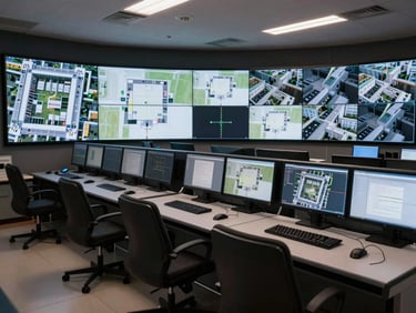Wide shot of a control room workstation with multiple live monitoring displays showing building floor plans and camera feeds, task lighting, no operator in frame