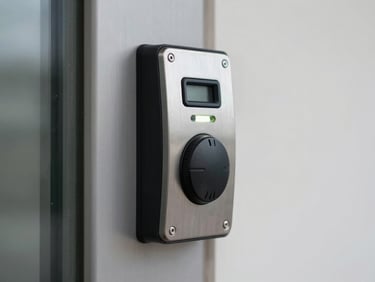Close-up of an access control card reader mounted flush on a steel door frame, brushed metal finish, indicator LED illuminated, clean wall surface in background under neutral daylight