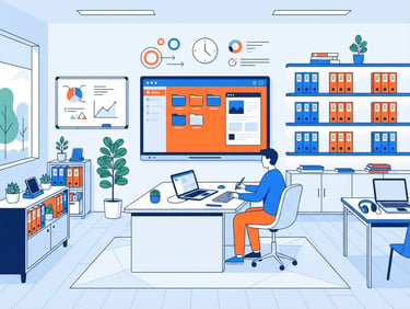 A clean flat vector illustration of a modern digital classroom with organized document folders, blue and orange color palette, bright minimalist aesthetic