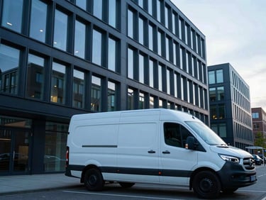Modern NoonMove transport van parked in front of a contemporary office building in Hamburg, early morning light, clean lines, professional setting, cool editorial photography, crisp overcast daylight, deep blue and turquoise tones, sharp focus, 35mm.