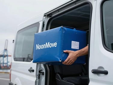 Close-up of a secure package being loaded into a clean NoonMove transport van, background blurred with a hint of Hamburg's port architecture, crisp overcast daylight, cool editorial photography, deep blue and turquoise tones, sharp focus, 35mm.