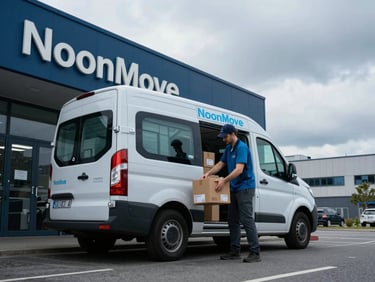 A NoonMove delivery driver loading packages into a clean, modern van at a business entrance in Hamburg, cool overcast sky, dynamic wide-angle shot