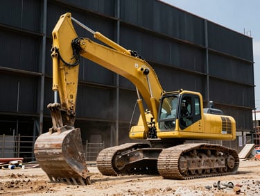 Low-angle heroic shot of a heavy yellow excavator leveling a massive industrial construction site in Campinas, harsh daylight, high contrast steel and dust textures, 35mm