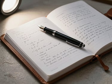 Overhead close-up of an open leather-bound portfolio on a pale stone desk, a fountain pen resting diagonally across a dense page of handwritten notes, cool studio light from the upper left, no hands visible, documents sharp and textured