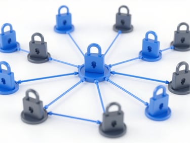 Abstract illustration of interconnected digital systems forming a secure network. Bright blue and slate tones, clean tech photography style, crisp focus, 35mm lens.